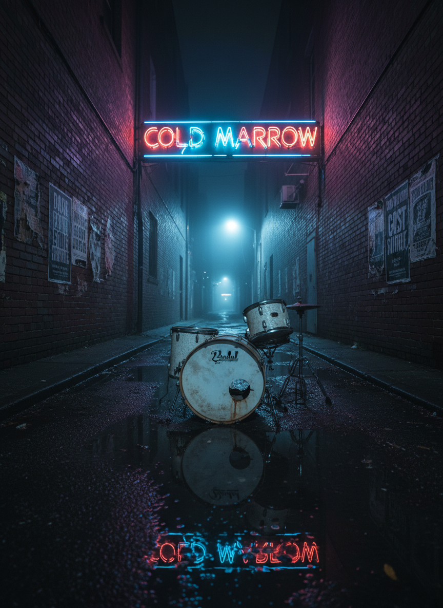 A desolate, nighttime alleyway slick with recent rain, puddles reflecting the distorted neon sign of a forgotten club reading “Cold Marrow” in fractured letters. At the center, a lone, abandoned drum kit without cymbals, its white heads stained and dented, sits crooked on the uneven asphalt. Torn gig posters cling to brick walls, peeling at the edges, their bold post-grunge typography barely legible. A distant streetlamp provides a cold, cinematic backlight, creating long, eerie shadows and a halo of mist in the chilled air. Framed from a low, wide-angle perspective, with deep focus capturing the full length of the alley, the mood is desolate yet defiant, a visual echo of songs born from damage that refused to fade.