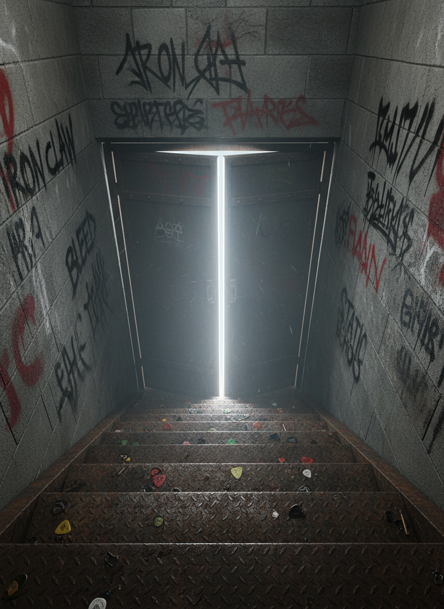 A rusted steel staircase descending into an underground rehearsal bunker, its steps worn and stained, scattered with broken guitar picks and snapped drumsticks. At the base, a heavy, soundproof door is slightly ajar, leaking a thin sliver of icy white light that cuts through the surrounding darkness like a blade. Faint, fog-like dust hangs in the air, illuminated in the beam, while the cinderblock walls are tagged with fading, aggressive band logos and jagged song titles. The shot is composed from the top of the stairs, looking downward with a wide cinematic lens, creating a vertiginous depth and strong leading lines. The atmosphere is ominous and alluring, capturing the moment before entering a dark creative space where damage is turned into sound.