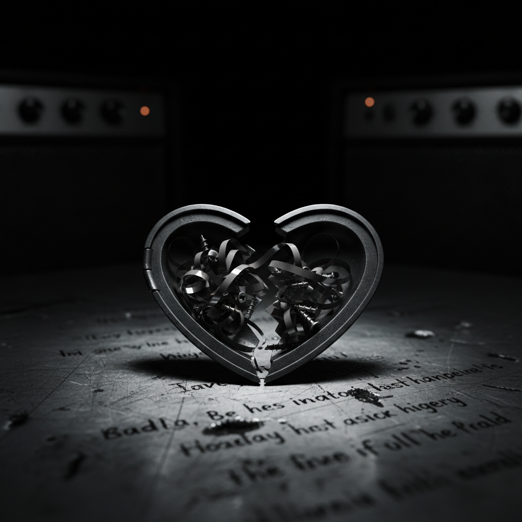 A close-up of a shattered, blackened heart-shaped locket lying open on a scratched metal tabletop, its glass interior replaced by a fragment of cassette tape ribbon tangled with tiny metal screws. The metal surface around it is etched with faint, hand-carved lyrics and gouges, some filled with dark grime, others catching faint reflections. A narrow beam of cold, cinematic side light slices across the scene, leaving most of the background in velvety darkness, with only a faint bokeh of out-of-focus amps and speakers behind. Shot with extreme macro detail and shallow depth of field, every scratch and imperfection is brutally clear, creating a mood of intimate, post-grunge melancholy and the kind of emotional damage that never fully heals.