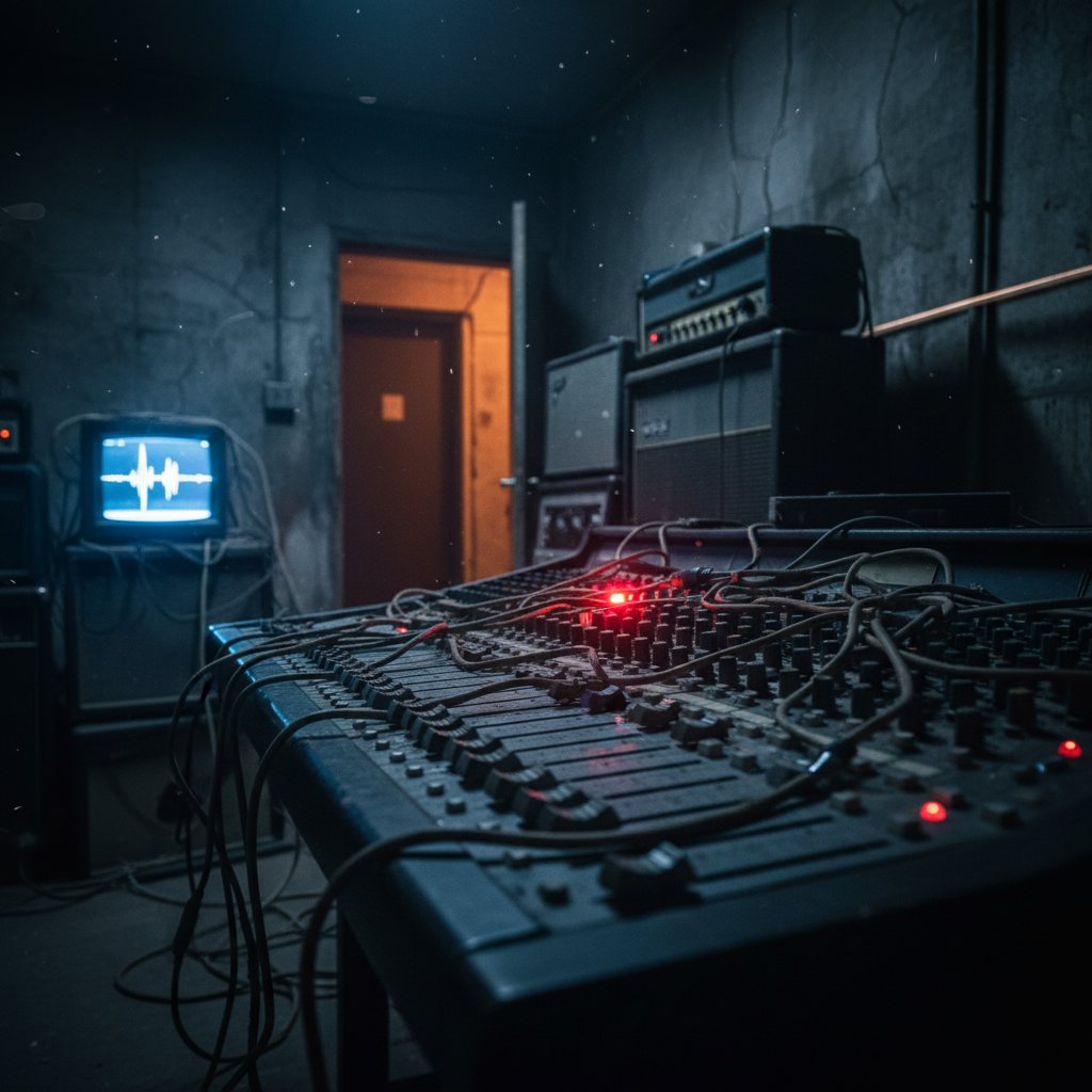 A weathered mixing console in a dim basement studio, its faders worn shiny from years of use, a single red channel light glowing like a warning in the gloom. Coiled, fraying instrument cables sprawl across the desk like veins, connecting to battered tube amps stacked against cracked, charcoal-painted walls. A small cathode-ray monitor flickers with a static waveform, bathing the scene in cold blue light, while a distant doorway leaks a thin strip of warm sodium streetlight. Captured in cinematic, high-contrast lighting from the side, with a narrow beam accentuating dust motes in the air, the composition uses rule of thirds and shallow depth of field to create a claustrophobic, haunted atmosphere of obsessive creation and lingering emotional scars.