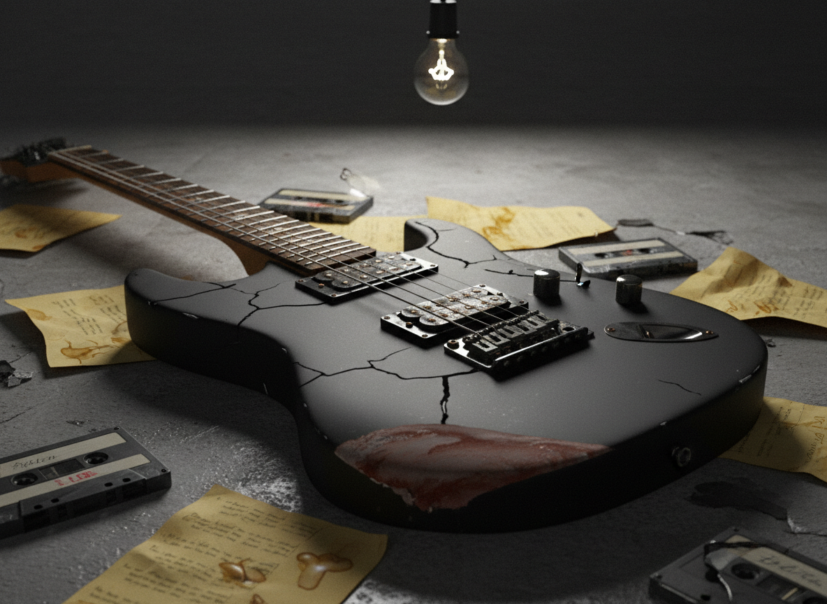A cracked, matte-black electric guitar body lying on a cold concrete floor, its strings slightly rusted and pickups scarred, a faint smear of dried paint along the edge like an old wound. Around it, scattered cassette tapes and torn lyric pages curl at the corners, soaked with faint water stains. A single bare bulb hangs overhead, casting harsh, cinematic top light that carves deep shadows and sharp highlights into every surface. The background dissolves into soft, grainy darkness, with shallow depth of field isolating the guitar as the lone survivor. Shot at a low, three-quarter angle, the mood is heavy and introspective, embodying post-grunge damage and resilience in stark, photographic realism.