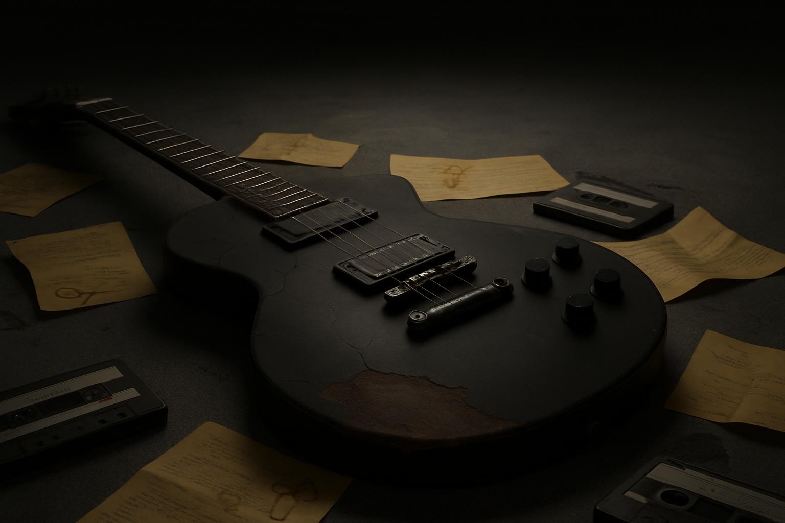 Edit this image to change the guitar to a dark, matte-finish Les Paul–style electric guitar and remove the light bulb entirely, keeping the same dark, moody, grunge atmosphere and composition.